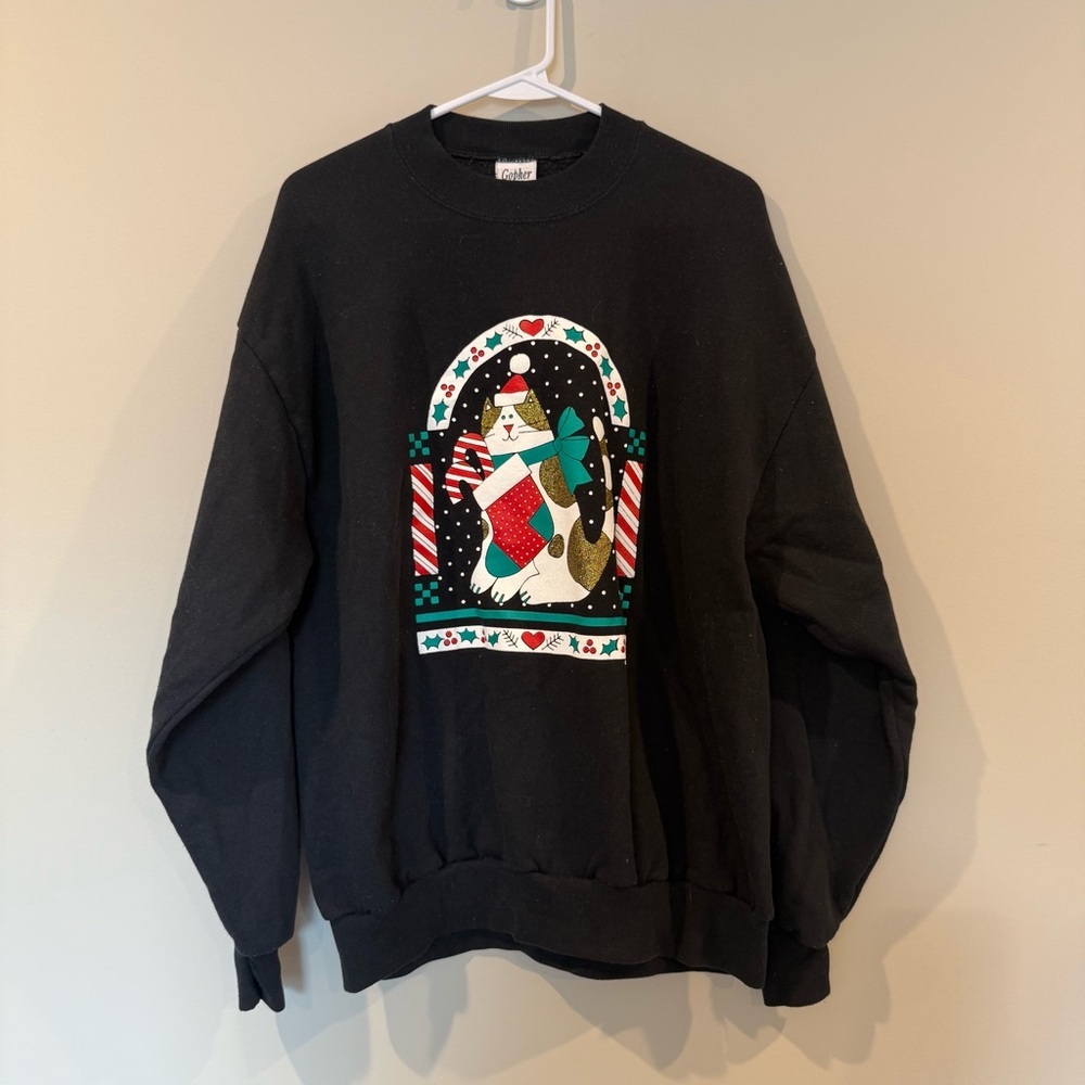 Vintage Black Cat Christmas Sweater Large